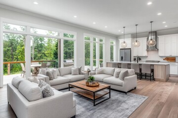 Fototapeta premium Modern open-plan living room with kitchen, large windows, and hardwood floors.