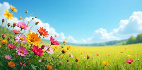 Bouquet of wildflowers in a field under a bright blue sky, colorful, blooming, petals