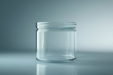 A transparent glass jar is sitting on a reflective surface