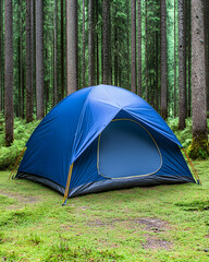 Blue dome tent pitched in a lush green forest