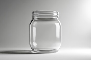A clear glass jar sits on a white and gray surface