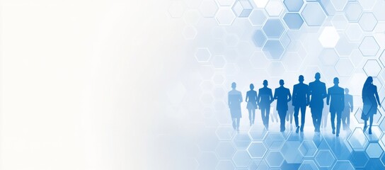 A group of people are walking in a blue background