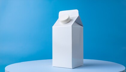 a carton of milk standing on a round stand with a vibrant blue backdrop. The carton is clean and pristine