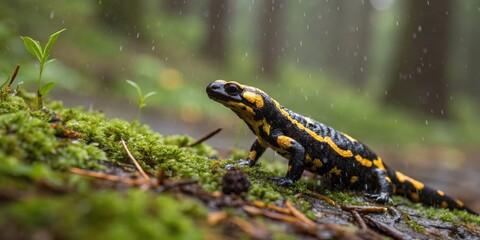 Fototapeta premium A fire salamander crawling across a rain-soaked forest floor nature photography outdoor environment close-up view wildlife observation