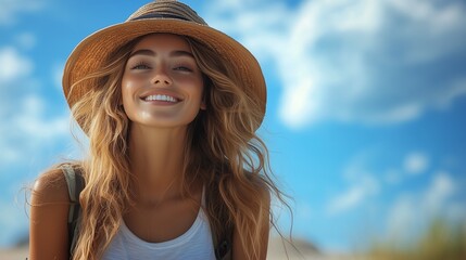 A solo female traveler enjoying a sunny beach vacation, smiling with a relaxed expression, wearing a hat and sunglasses, with the blue sky in the background.