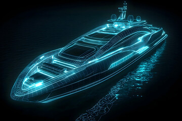 Yacht rendered as a glowing blue wireframe with LED highlights along its sleek contours and deck, set against the open ocean at night.