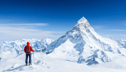 Climber gazing at majestic snow-capped peak