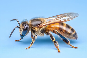 Close-up of a honeybee on a light blue background