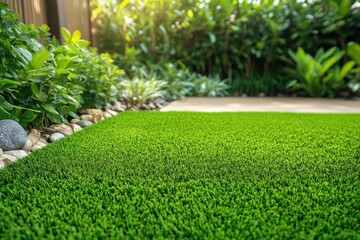 Lush green artificial turf next to stone border and vibrant plants. Perfect for landscaping, home decor, or garden design projects.
