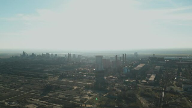 Steel Factory With Smoggy Atmosphere In Galati, Romania. wide aerial shot
