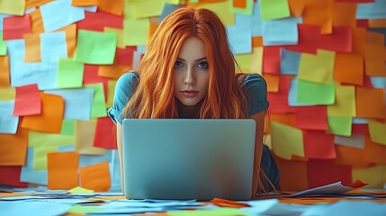 Redhead woman working on laptop with colorful sticky notes.