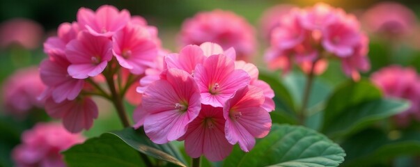 Obraz premium Close-up of hortensia pink flowers in full bloom with green leaves, floral, vibrant, petals