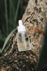 Natural serum in a glass bottle with a pipette on a tree background. The concept of natural cosmetics and oils for the skin and body. Moisturizing serum for face and hair