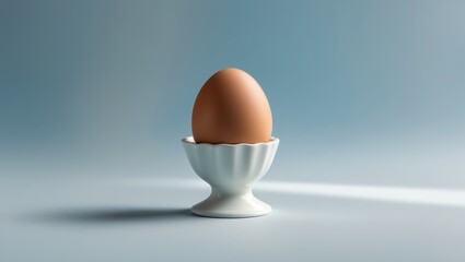 Brown egg placed in a delicate white egg cup on a minimalist blue background during natural light