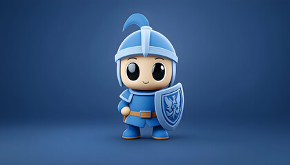 Cute blue cartoon knight with shield, standing on blue background