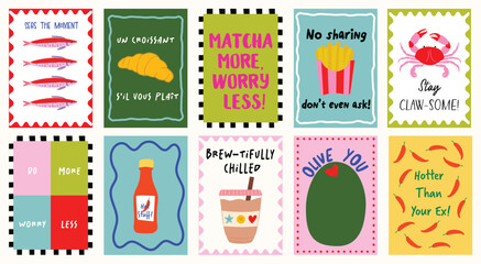 Playful, quirky food-inspired posters in bright colors, hand-drawn illustrations, and witty saying. Funny food and drink quotes artwork for T-shirt design, wall decor, kitchen and cafe printable art. 