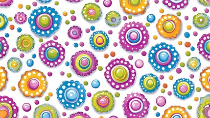 Colorful cartoon flowers scattered on white background, for a whimsical textile or print design