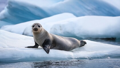 a seal resting on an iceberg with a backdrop of ice and water 