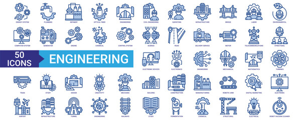 Obraz premium Engineering icon collection set. Containing energy system, civil, infrastructure, labor, environmental, structural, electronics, mechanical, design and construction icon. Simple blue vector. 