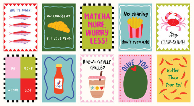 Playful, quirky food-inspired posters in bright colors, hand-drawn illustrations, and witty saying. Funny food and drink quotes artwork for T-shirt design, wall decor, kitchen and cafe printable art. 