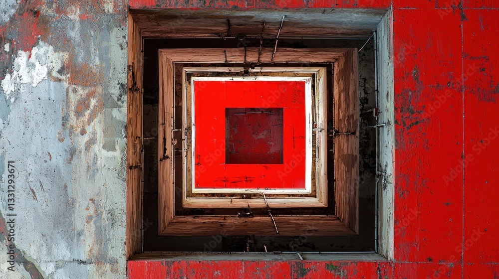 Poster abstract red and grey architectural structure: a nested square composition