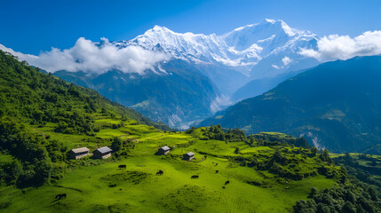 Obraz premium A vast grasslandmountains and blue sky, distant peaks, scattered farmhouses, background snow mountain scenery, natural light, wide-angle lens, distant view, magnificent scenery,peaceful. just like Ans