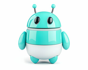 Fototapeta premium Cute teal and white robot character on white background