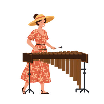 woman playing marimba, orange dress, straw hat clip art preview