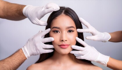 Naklejka premium A woman's face is examined by several pairs of hands wearing surgical gloves, which may represent beauty or cosmetic procedures. The woman has a serene facial expression.