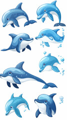 Obraz premium Eight playful cartoon dolphins in various swimming poses