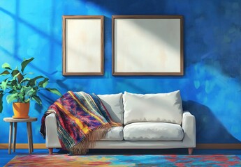 Sunlit living room with white sofa, colorful blanket, and empty frames.
