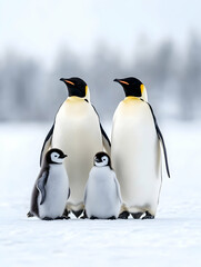 Fototapeta premium Emperor penguin family, two adults and two chicks, standing on snow