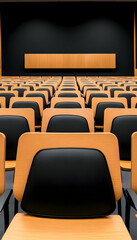 Obraz premium Empty lecture hall with rows of wooden chairs and a dark wall