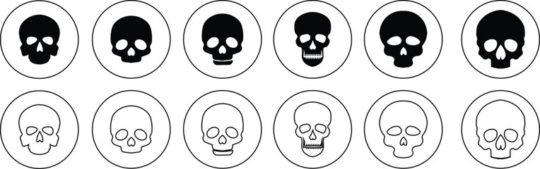 Skull  pirate icon set logo Halloween ghost graphic danger anatomy symbol Silhouette. Cartoon skull death flat and line vector collection isolated on transparent background for apps and game