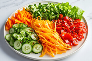 Fresh and colorful weight loss vegetable salad arranged on a white plate