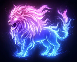 Fototapeta premium Fiery, majestic lion engulfed in vibrant pink, purple, and blue flames against a dark background