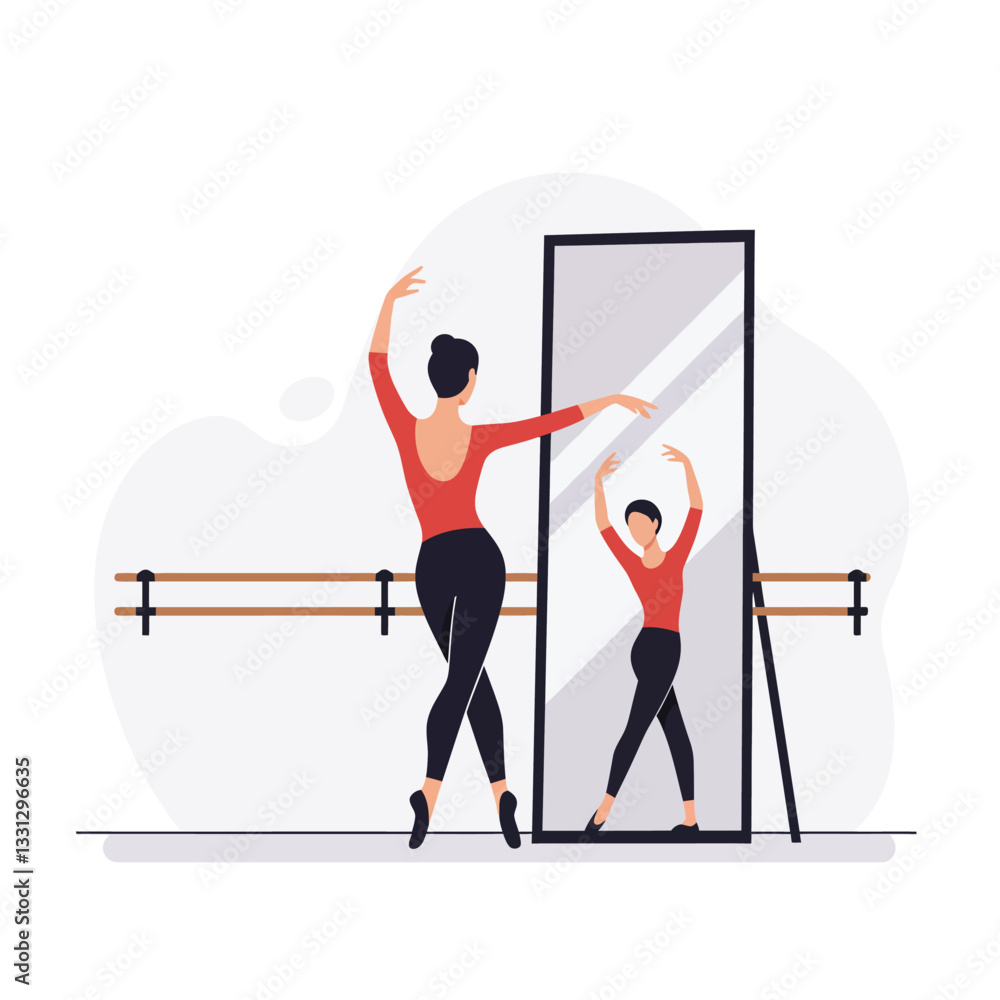 Poster ballet dancer practicing in front of mirror in minimal vector art