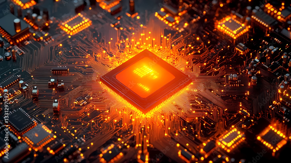 Poster circuit board with glowing processor chip