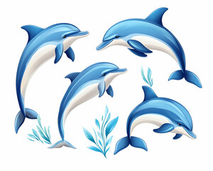 Obraz premium Four playful dolphins leaping, surrounded by aquatic plants, on white background