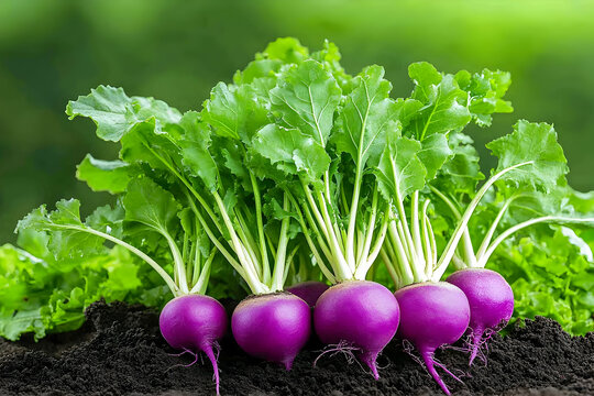 Fresh purple turnips with lush green tops, freshly harvested from the earth