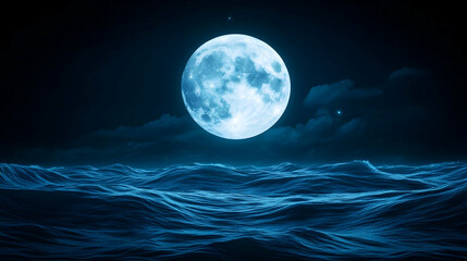 Full blue moon rising over dark ocean waves at night