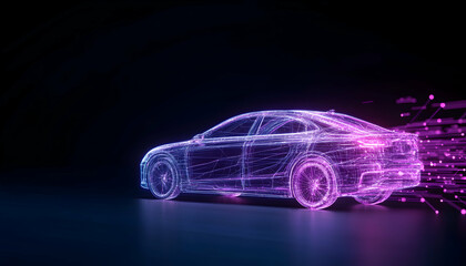 Futuristic digital car model with glowing lines and data streams