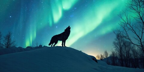 Majestic wolf howling under the northern lights arctic landscape nature photography nighttime setting silhouette viewpoint capturing the essence of wilderness