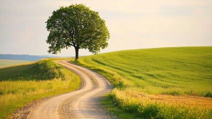 Serene Countryside: A Winding Road and Lone Tree
