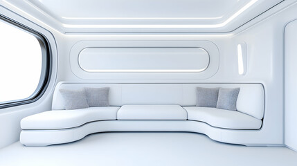 Futuristic white minimalist lounge with curved sofa and large window