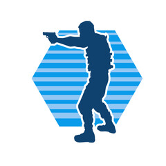 Silhouette of a police officer wearing bulletproof vest firing a hand gun weapon.
