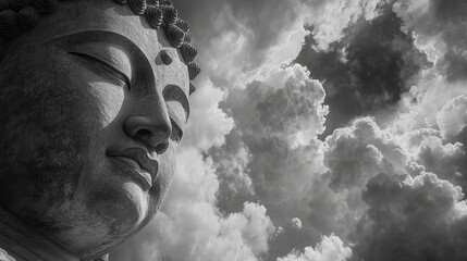 Serene Black and White Buddha Statue Against Dramatic Sky Peaceful Meditation Spirituality Concept