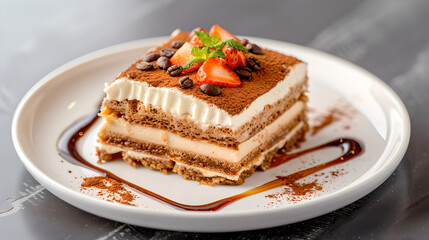 Delicious tiramisu dessert with layers of coffee, cream, and strawberries