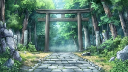 Naklejka premium Anime background showing a Torii gate in the forest with a stone path