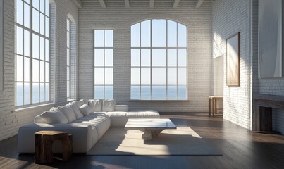 Sunlit loft living room with ocean view.